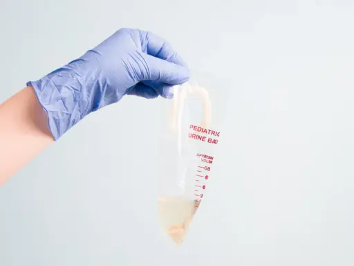 Ręka w niebieskiej rękawiczce trzyma woreczek na mocz dla dziewczynki. Woreczek jest przezroczysty, z podziałką i napisem "Pediatric Urine Bag".