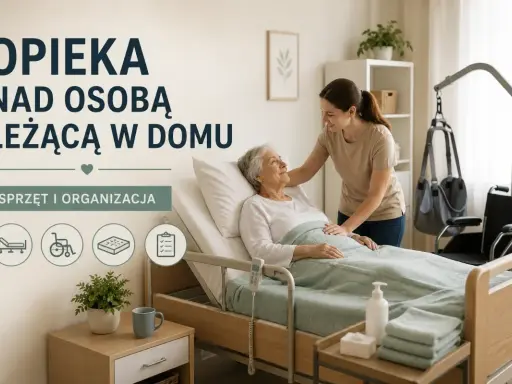 Młoda kobieta opiekuje się starszą osobą leżącą w łóżku. W tle widać sprzęt rehabilitacyjny.