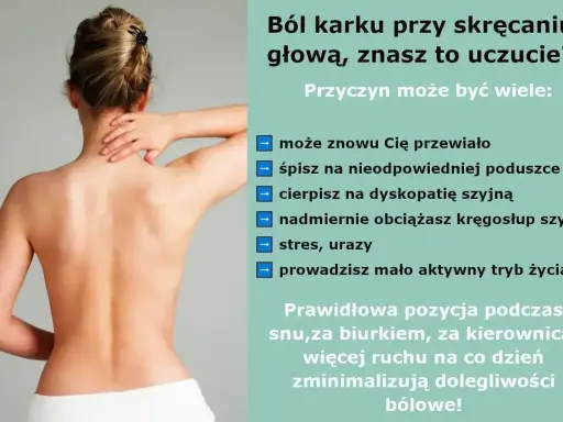 Kobieta masuje bolący kark, który może być efektem skręcenia. Wskazówki dotyczące przyczyn i profilaktyki bólu szyi.