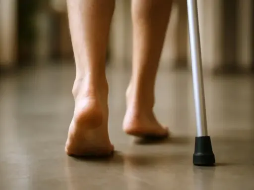 Powolne kroki po złamaniu pięty, wspierane laską. Długotrwała rehabilitacja przynosi efekty.