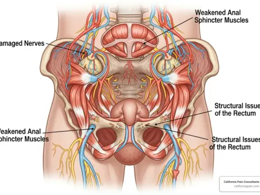 Anatomia miednicy z zaznaczonymi osłabionymi zwieraczami odbytu i uszkodzonymi nerwami. Rozważ leki na wzmocnienie zwieraczy odbytu.