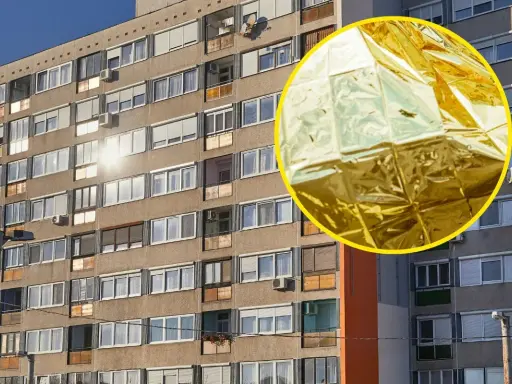 Złota folia NRC, błyszcząca stroną na zewnątrz, odbija słońce od fasady bloku mieszkalnego.
