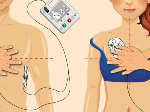 Instrukcja użycia AED skrót: elektrody przyklejone do klatki piersiowej, gotowe do użycia.