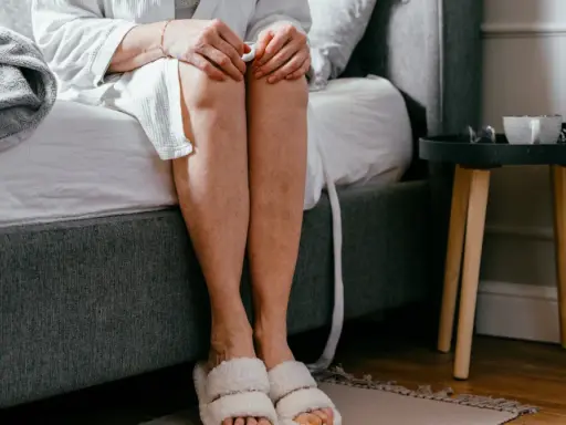 Kobieta w szlafroku siedzi na łóżku, zastanawiając się, co to jest inkontynencja.