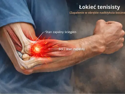Anatomia łokcia z widocznym stanem zapalnym ścięgien i bólem, ilustracja problemu nieleczonego łokcia tenisisty.