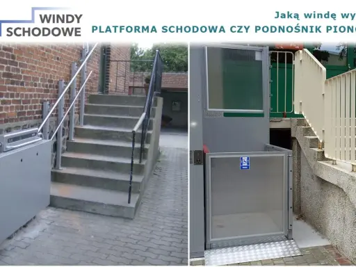Platforma schodowa i podnośnik pionowy ułatwiające poruszanie się osobom niepełnosprawnym.