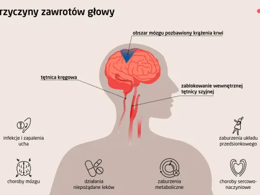 Przyczyny zawrotów głowy u osób starszych: blokada tętnicy, choroby mózgu, infekcje ucha, zaburzenia metaboliczne i sercowo-naczyniowe.