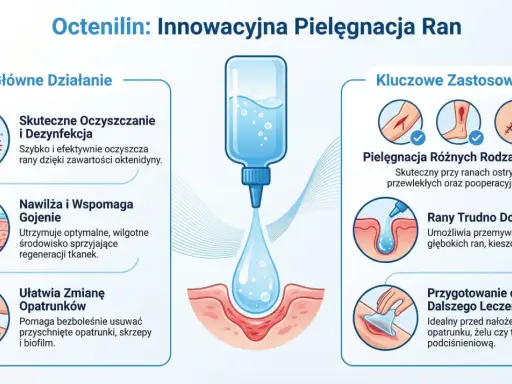Skuteczne oczyszczanie rany i dezynfekcja dzięki Octenilin. Produkt nawilża, wspomaga gojenie i ułatwia zmianę opatrunków.