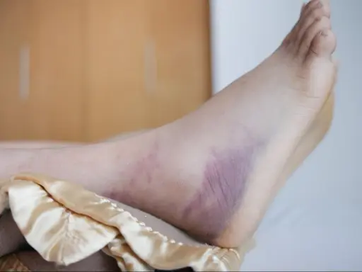 Stopa z widocznymi sinymi przebarwieniami, które mogą być objawem rany cukrzycowej.