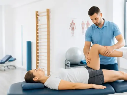 Fizjoterapeuta pracuje z pacjentką, wykonując ćwiczenia na nogę. To dowód, że rehabilitacja pomaga w powrocie do sprawności.