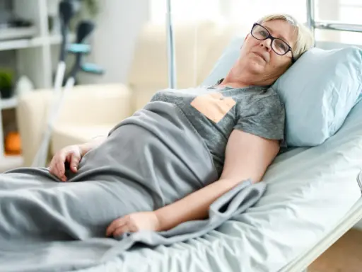 Starsza kobieta w okularach leży w łóżku szpitalnym, otulona kocem. Pokój wyposażony jest w udogodnienia dla osób leżących, w tle widać kule.