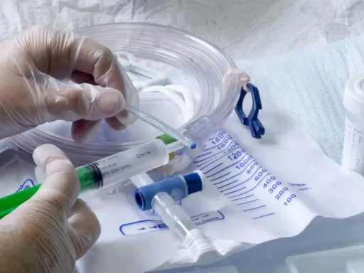 Rękawiczka medyczna przygotowuje żel lubrykujący do cewnikowania. Czy zakładanie cewnika boli? Zależy od wielu czynników, ale odpowiednie przygotowanie minimalizuje dyskomfort.