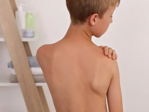 Chłopiec z nierównymi łopatkami, jedna z nich jest wyraźnie wyżej.