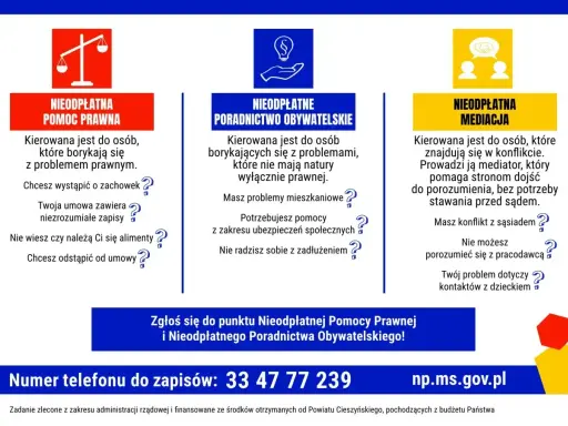 Nieodpłatna pomoc prawna, poradnictwo obywatelskie i mediacje dla osób z problemami prawnymi, mieszkaniowymi, zadłużeniem czy konfliktami. Dowiedz się, jakie są niepełnosprawności, które można rozwiązać.