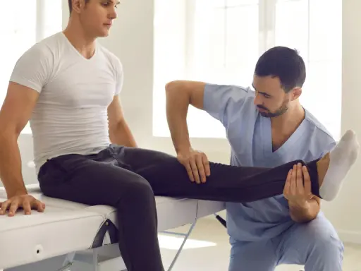 Fizjoterapeuta wykonuje zabiegi rehabilitacyjne, delikatnie unosząc nogę pacjenta.