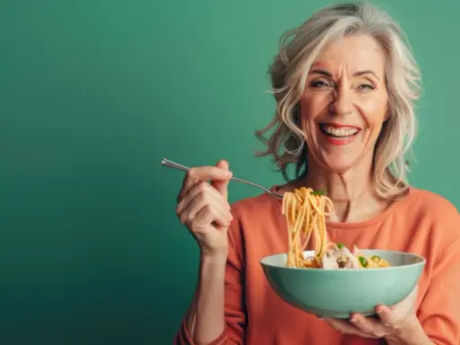 Uśmiechnięta seniorka zajada spaghetti. Pyszne danie, które pobudza co na apetyt dla seniora.