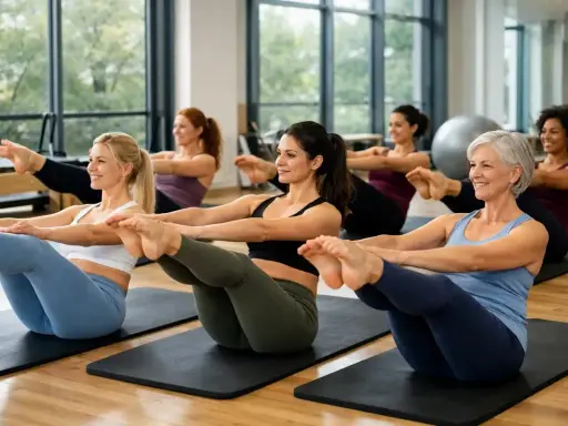 Kobiety w różnym wieku ćwiczą pilates, pokazując, że jest to aktywność dla każdego.