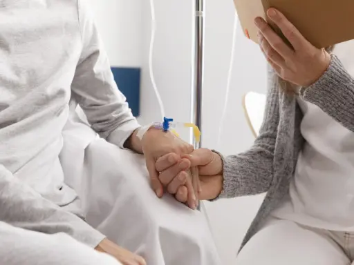 Dwie osoby trzymają się za ręce. Jedna z nich ma założony wenflon. Czy lewatywa jest zdrowa? To pytanie, na które odpowiedź zależy od kontekstu medycznego.