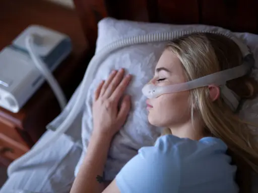 Kobieta śpi z maską CPAP, która jest protezą na NFZ, zapewniając jej spokojny sen.