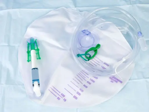 Worek na mocz z rurką i zaciskiem, gotowy do cewnikowania pęcherza moczowego. Skala na worku pokazuje pojemność do 2000 ml.