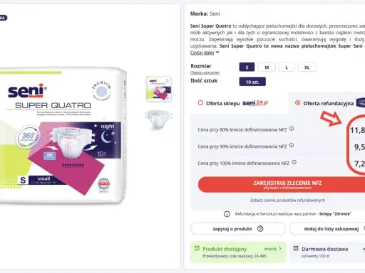 Pieluchomajtki Seni Super Quatro dla dorosłych dostępne w rozmiarach S, M, L, XL. Sprawdź ceny z dofinansowaniem NFZ.