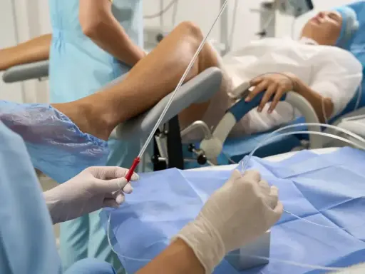 Person w rękawiczkach przygotowuje się do procedury, która może pomóc w oddawaniu moczu po wyjęciu cewnika. Pacjentka leży na łóżku.
