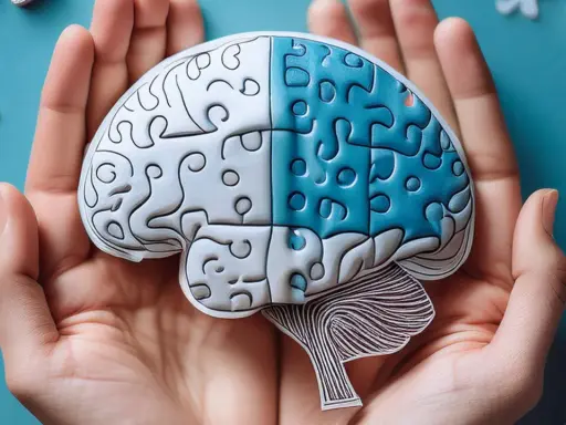Dłonie trzymają mózg z puzzli, symbolizujący powrót do zdrowia po udarze dzięki fizjoterapii.