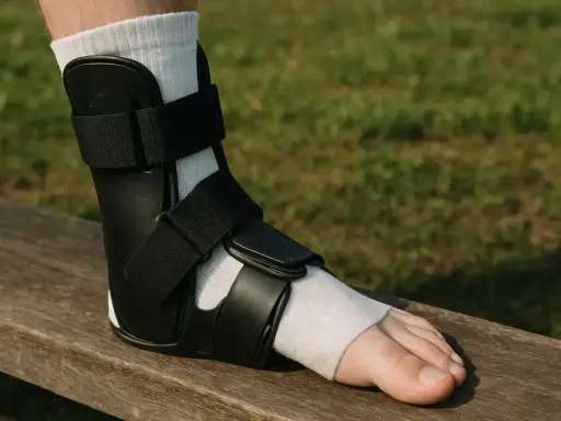 Czarna orteza stawu skokowego na nodze w białej skarpecie, siedzącej na drewnianej ławce. Zastanawiasz się, jak długo nosić ortezę stawu skokowego?