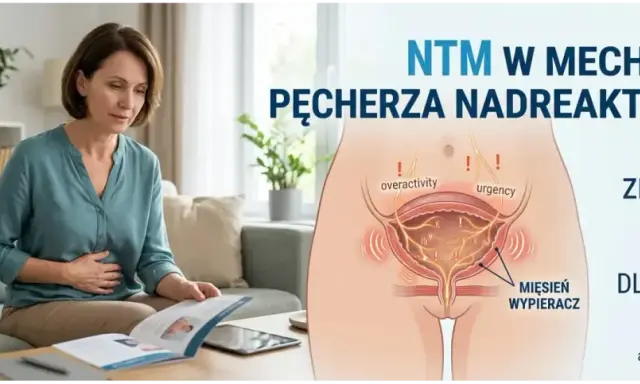 Kobieta czyta broszurę o nadreaktywnym pęcherzu. Grafika pokazuje mechanizm problemu, sugerując, że wyleczyłam nadreaktywny pęcherz.