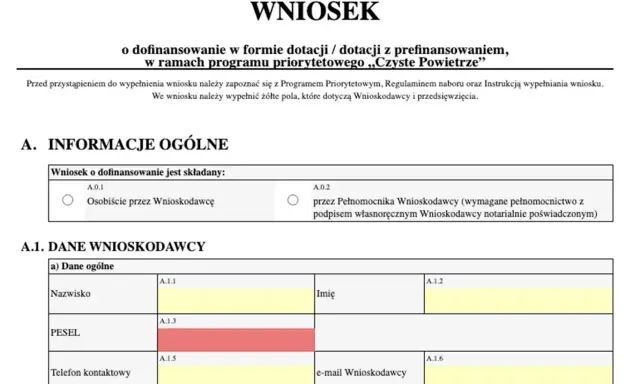 Formularz wniosku o dofinansowanie z PCPR dla niepełnosprawnych. Sekcja "Dane Wnioskodawcy" zawiera pola na nazwisko, PESEL i dane kontaktowe.