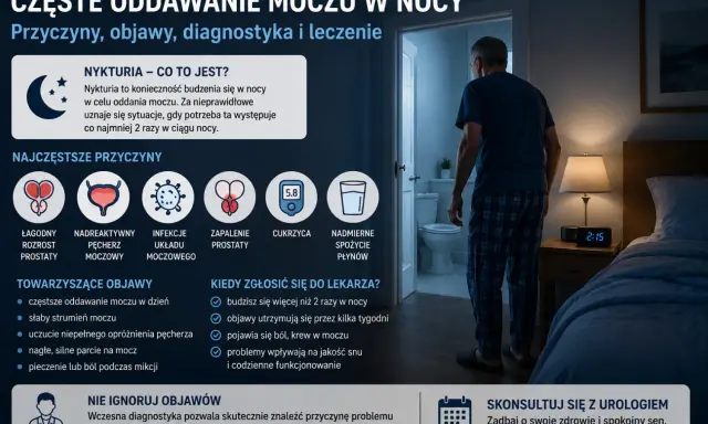 Nykturia, czyli częste oddawanie moczu w nocy, może mieć różne przyczyny: łagodny rozrost prostaty, nadreaktywny pęcherz, infekcje, zapalenie prostaty, cukrzyca, nadmierne spożycie płynów.