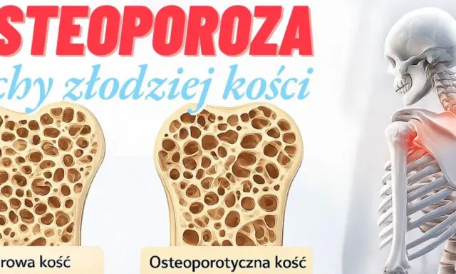 Osteoporoza pomenopauzalna: porównanie zdrowej i osteoporotycznej kości. Szkielet z zaznaczonym bólem w obrębie barku.