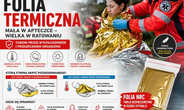Koc termiczny ratunkowy chroni przed wychłodzeniem i przegrzaniem. Niezbędny w apteczce, plecaku i samochodzie.