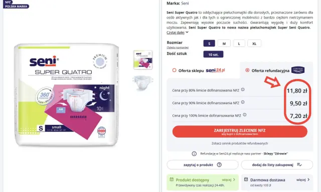 Pieluchomajtki Seni Super Quatro dla dorosłych, dostępne z refundacją NFZ. Sprawdź, komu należą się darmowe pampersy i jakie są ceny po dofinansowaniu.