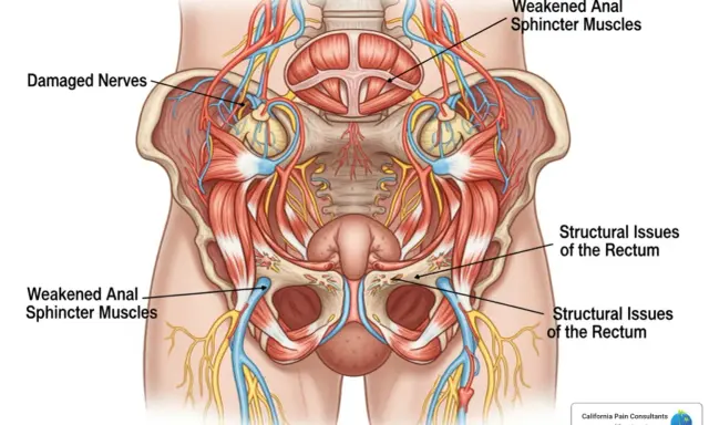 Anatomia miednicy z zaznaczonymi osłabionymi zwieraczami odbytu i uszkodzonymi nerwami. Rozważ leki na wzmocnienie zwieraczy odbytu.