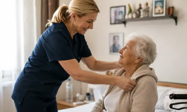 Opiekunka medyczna pomaga starszej pani, co jest częścią jej zakresu obowiązków. Uśmiechnięte twarze świadczą o dobrych relacjach.