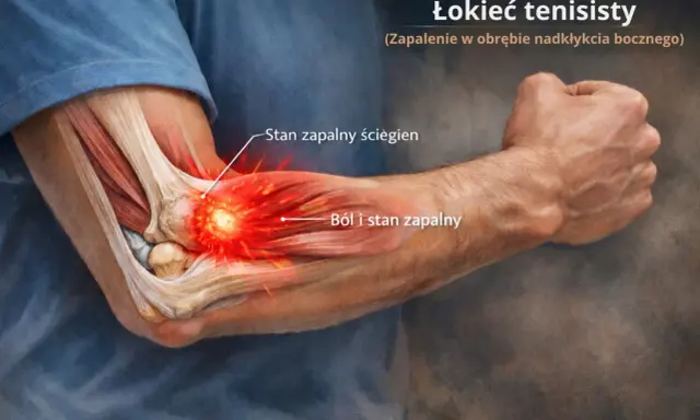 Anatomia łokcia z widocznym stanem zapalnym ścięgien i bólem, ilustracja problemu nieleczonego łokcia tenisisty.