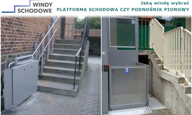 Platforma schodowa i podnośnik pionowy ułatwiające poruszanie się osobom niepełnosprawnym.