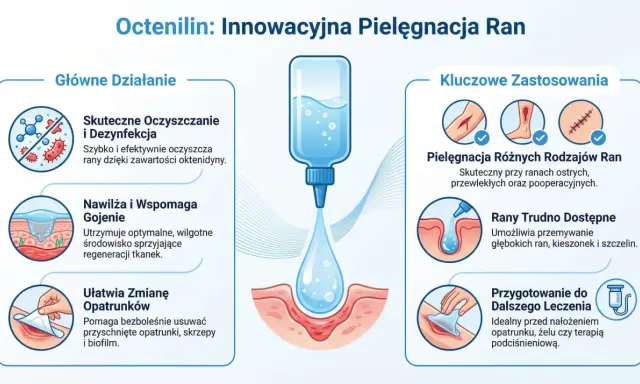 Skuteczne oczyszczanie rany i dezynfekcja dzięki Octenilin. Produkt nawilża, wspomaga gojenie i ułatwia zmianę opatrunków.