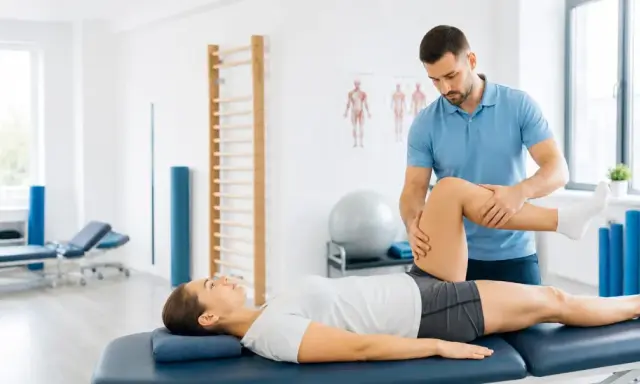 Fizjoterapeuta pracuje z pacjentką, wykonując ćwiczenia na nogę. To dowód, że rehabilitacja pomaga w powrocie do sprawności.