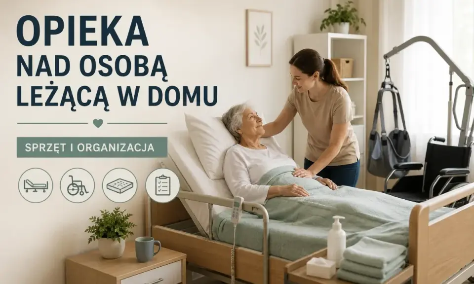Młoda kobieta opiekuje się starszą osobą leżącą w łóżku. W tle widać sprzęt rehabilitacyjny.