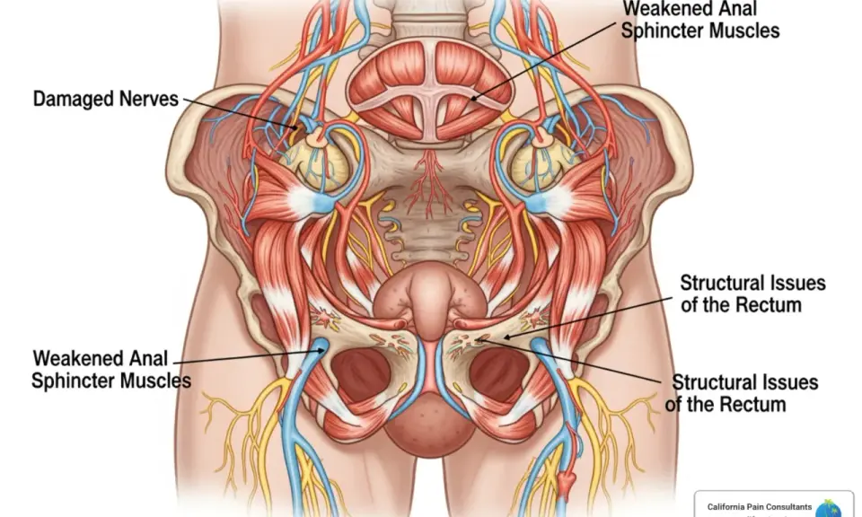 Anatomia miednicy z zaznaczonymi osłabionymi zwieraczami odbytu i uszkodzonymi nerwami. Rozważ leki na wzmocnienie zwieraczy odbytu.