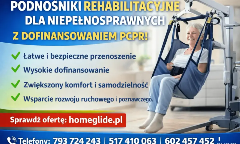 Podnośnik dla niepełnosprawnych z wysokim dofinansowaniem PCPR. Zapewnia komfort i wsparcie. Sprawdź homeglide.pl.