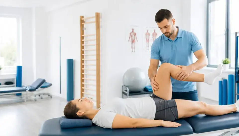 Fizjoterapeuta pracuje z pacjentką, wykonując ćwiczenia na nogę. To dowód, że rehabilitacja pomaga w powrocie do sprawności.