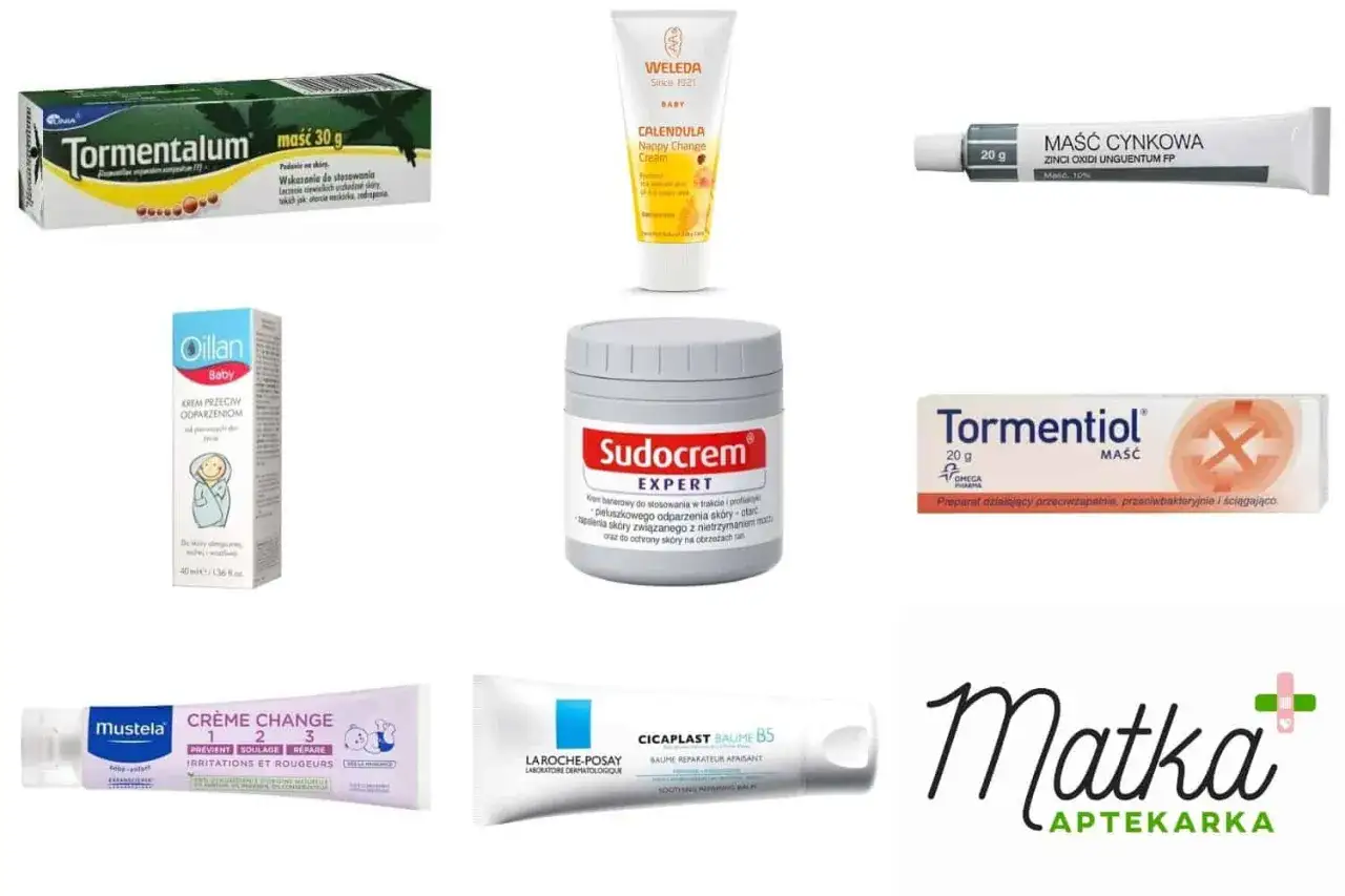 Kremy i maści na odparzenia pupy u dorosłego: Tormentiol, Sudocrem, maść cynkowa, Oillan, Weleda, Mustela, La Roche-Posay.