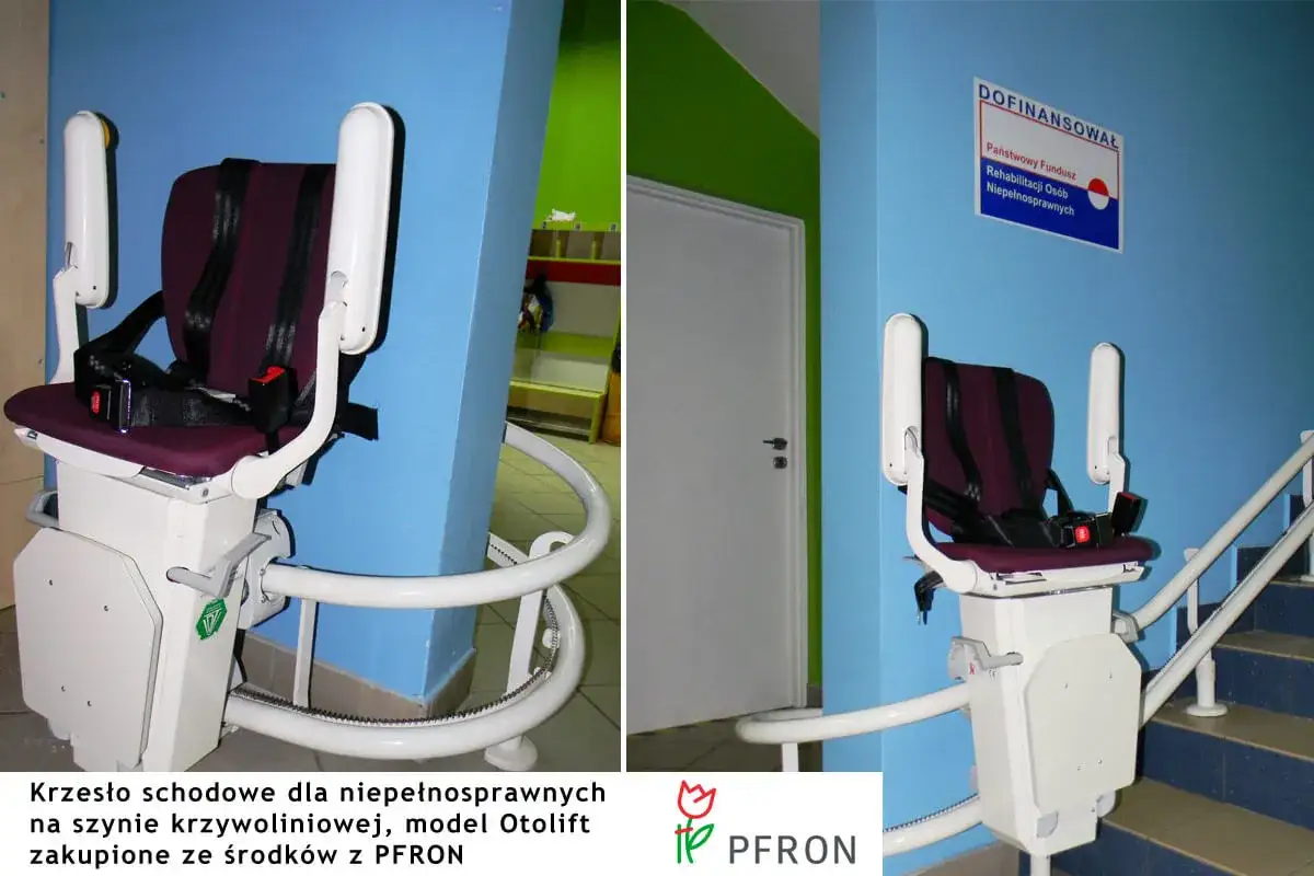 Krzesełko schodowe Otolift, zakupione ze środk&oacute;w PFRON, ułatwia poruszanie się osobom niepełnosprawnym.