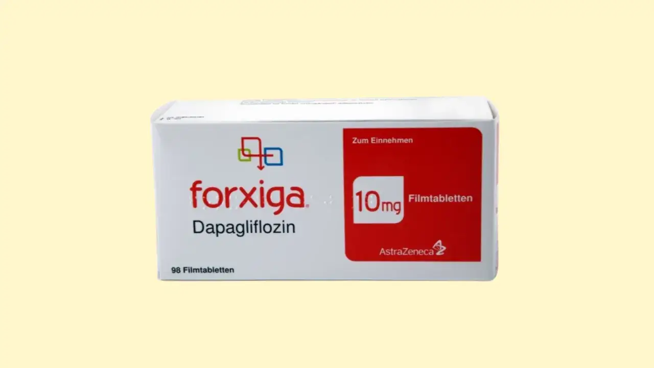 Opakowanie leku Forxiga (dapagliflozyna) 10mg, które może być dostępne jako darmowe leki na cukrzycę dla seniorów.