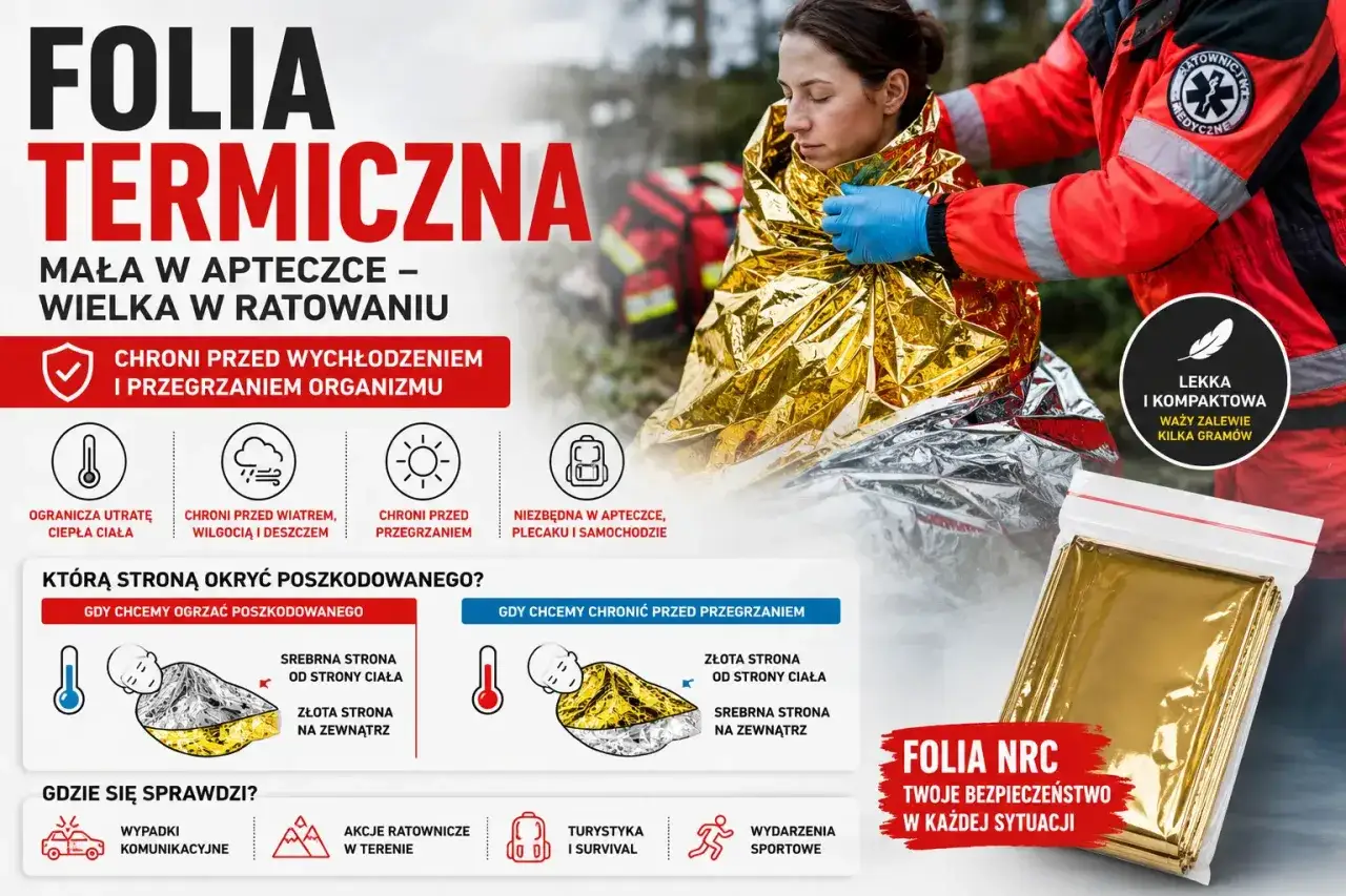 Koc termiczny ratunkowy chroni przed wychłodzeniem i przegrzaniem. Niezbędny w apteczce, plecaku i samochodzie.