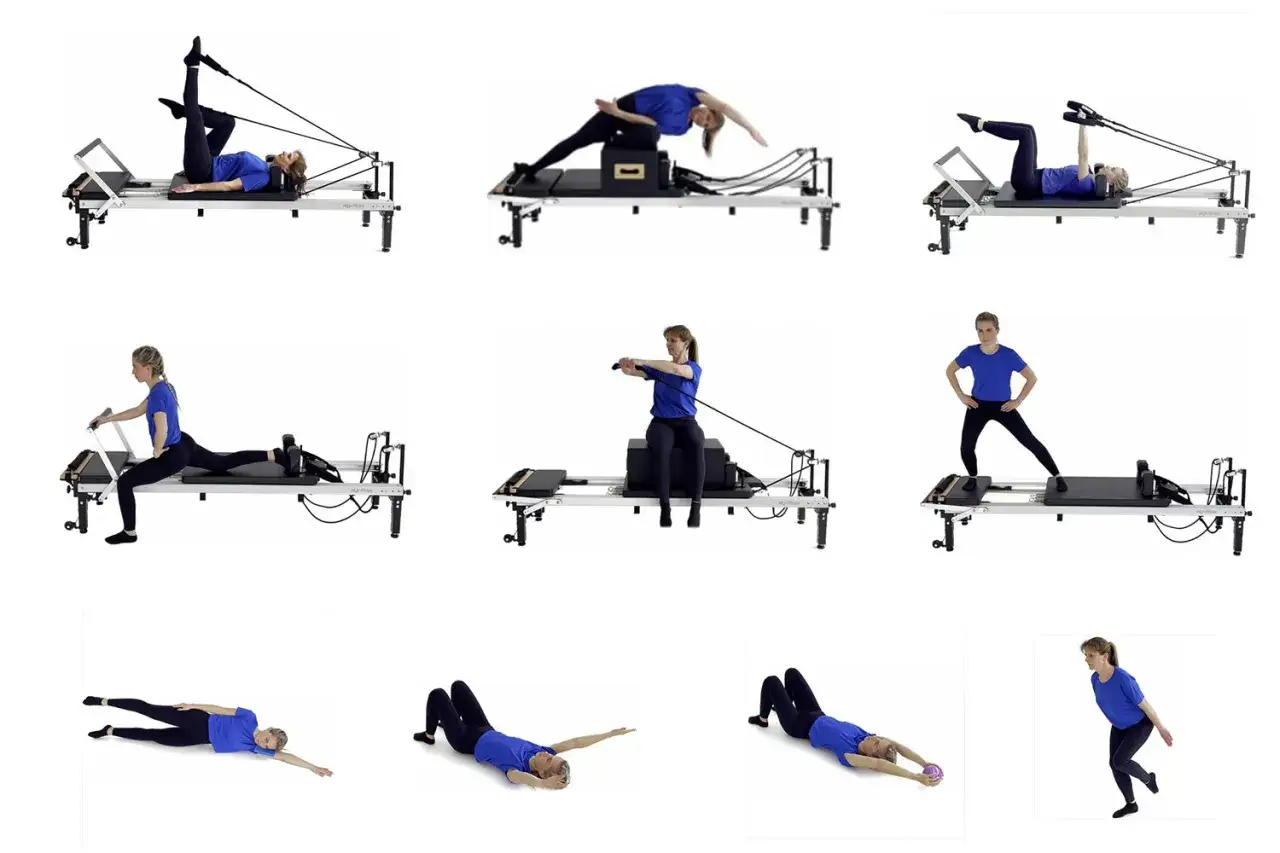 Kobiety ćwiczą na reformerze i macie, pokazując, pilates na czym polega: siła, elastyczność i kontrola ruchu.