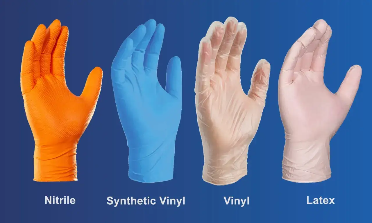 R&oacute;żne rodzaje rękawiczek jednorazowych: pomarańczowe nitrylowe, niebieskie syntetyczne winylowe, przezroczyste winylowe i r&oacute;żowe lateksowe.